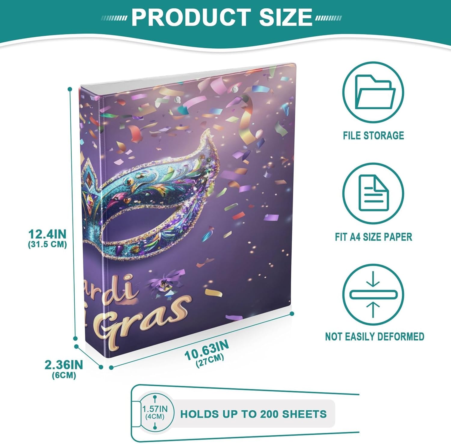 Mardi Gras Mask 3 Ring Binders, 1.5” Round Ring Binders with Clipboard - Letter Size, 3 Interior PVC Clear Pockets & Anti-Slip Clip for Office School Supplies, 2PCS