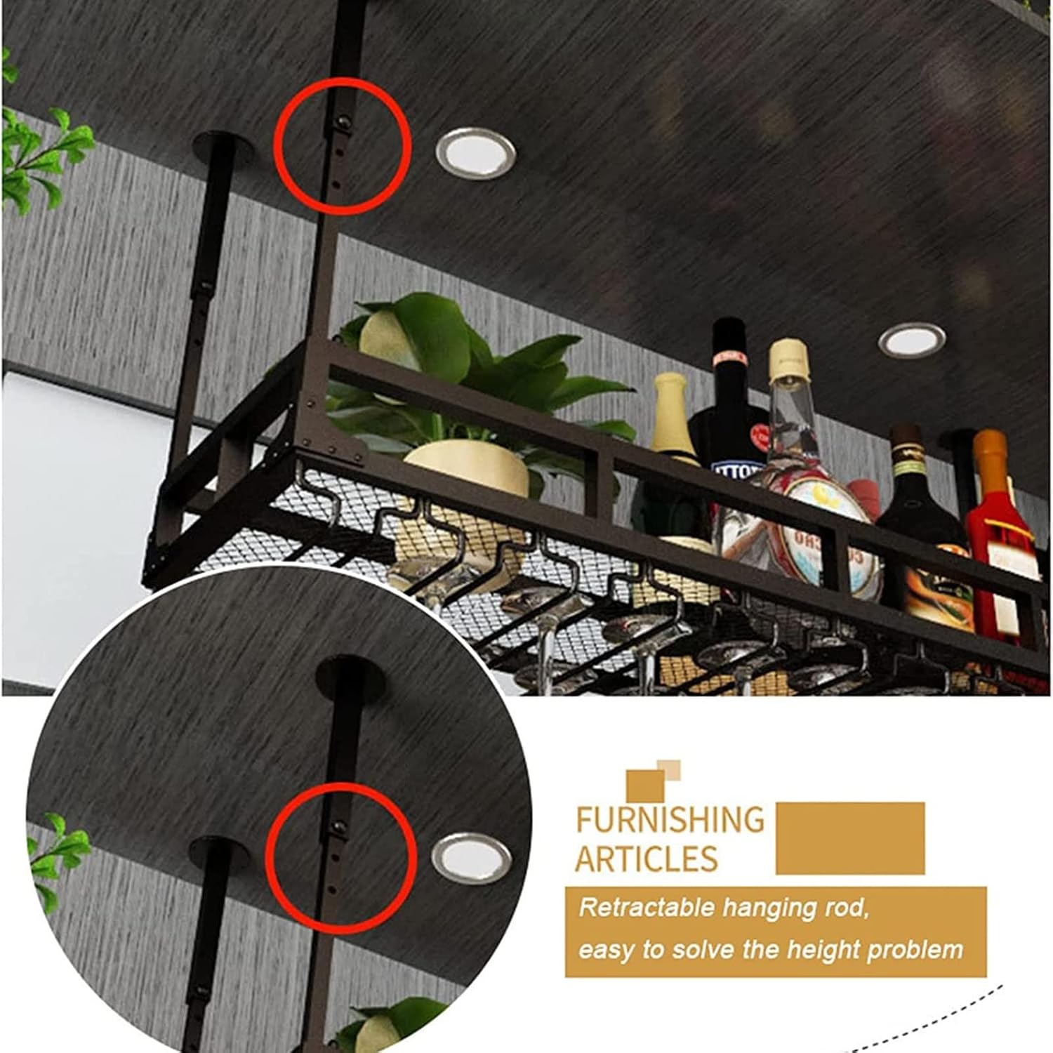 Hanging Wine Glass Holder Hanging Wine Rack - Adjustable Height,Metal Ceiling Bottle Rack,Vintage Display Wine Storage Holder with Stemware Glass Shelf for Kitchen,Restaurants