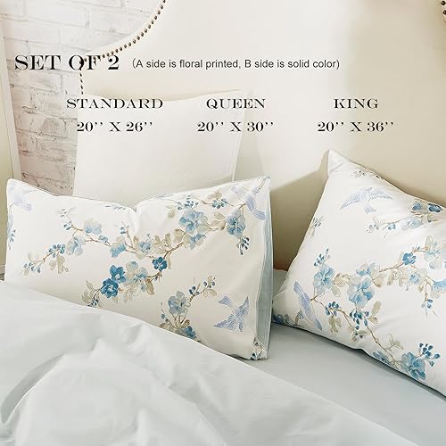 Miniatura 4 de WINLIFE Juego de 2 fundas de almohada 100 % algodón, tamaño estándar, estampado de flores azules y pájaros, cierre de sobre, súper suave (estándar,