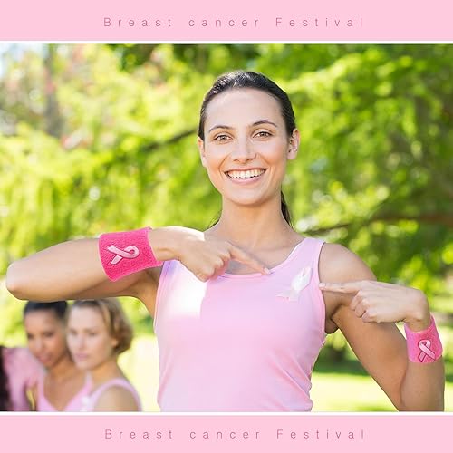 Miniatura 4 de Leyndo 100 muñequeras de cinta rosa para concientización sobre el cáncer de mama, muñequeras para gimnasia, deportes, muñequeras de algodón,