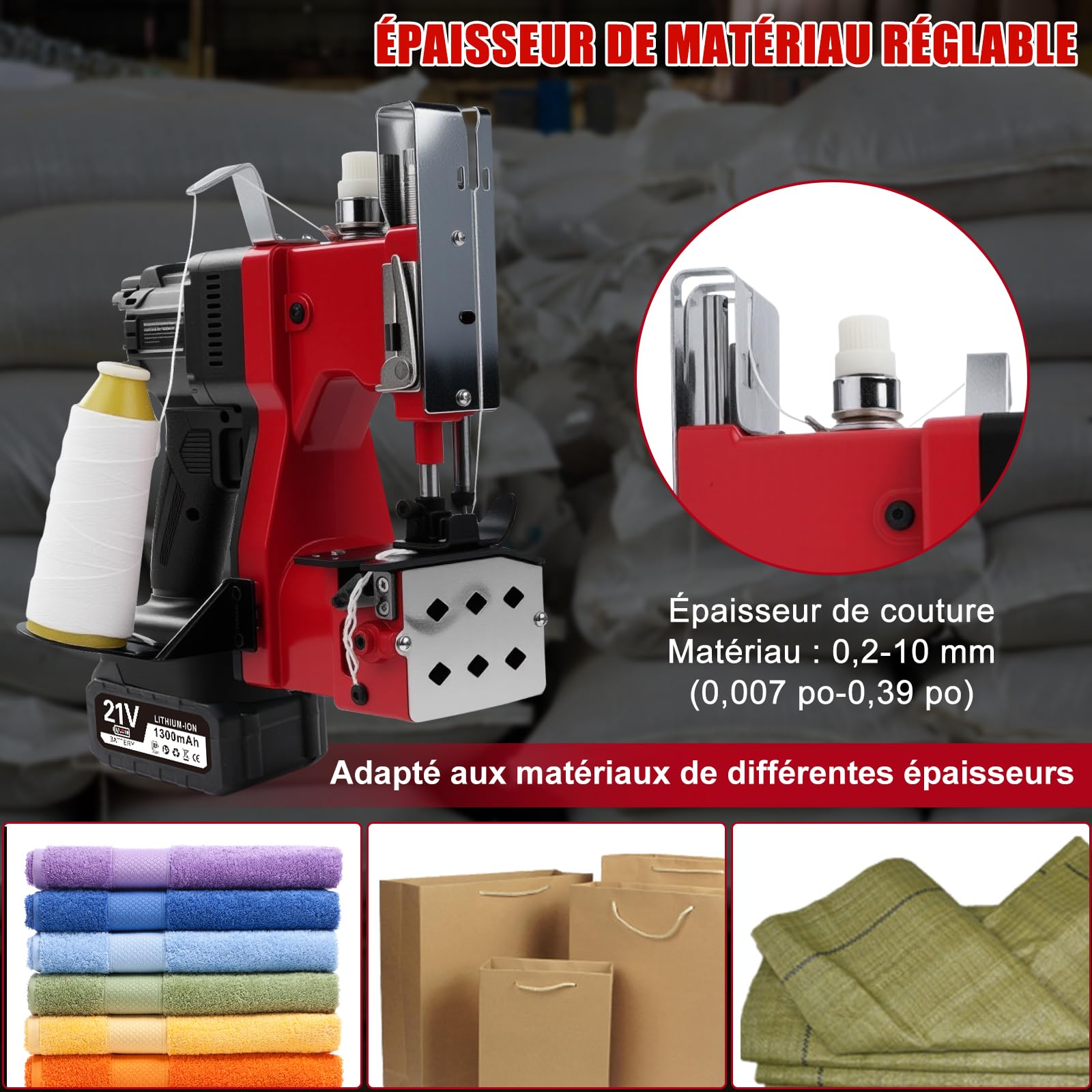 Machine à Coudre Électrique pour Sacs, 21V Machine de Fermeture de Sac avec 2 Batteries 1300mAh, 210W Portable Sac Machine à Coudre Sans Fil, Épaisseur 0,2-10 mm, pour Sacs en Tissu, à Sable, en Jute