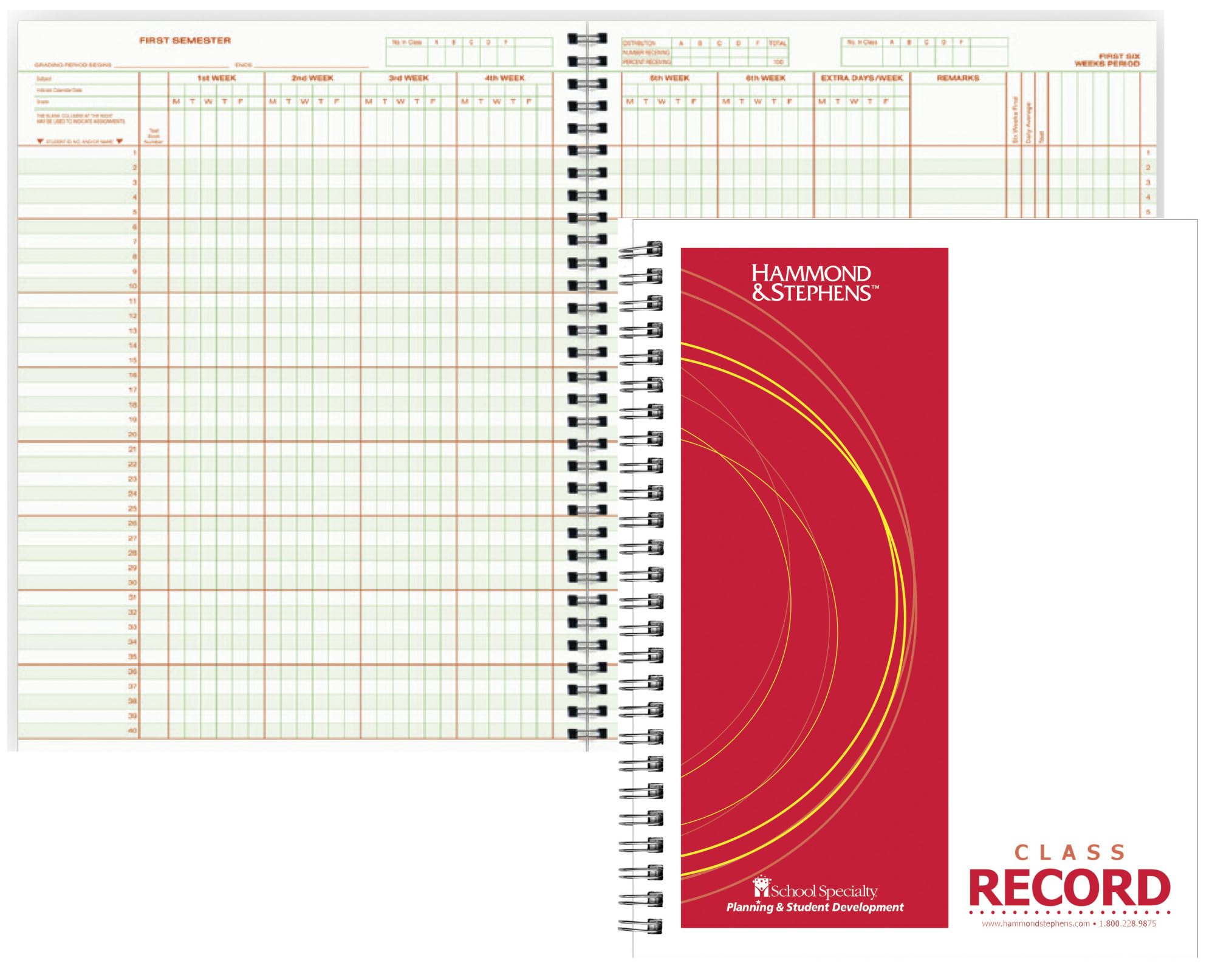 Hammond & Stephens 0633 P Wire-O Bound Class Record Book, 8-1/2 X 11 Inches, 40 Students, 8 Subjects, 9/10 Week, Green/Red