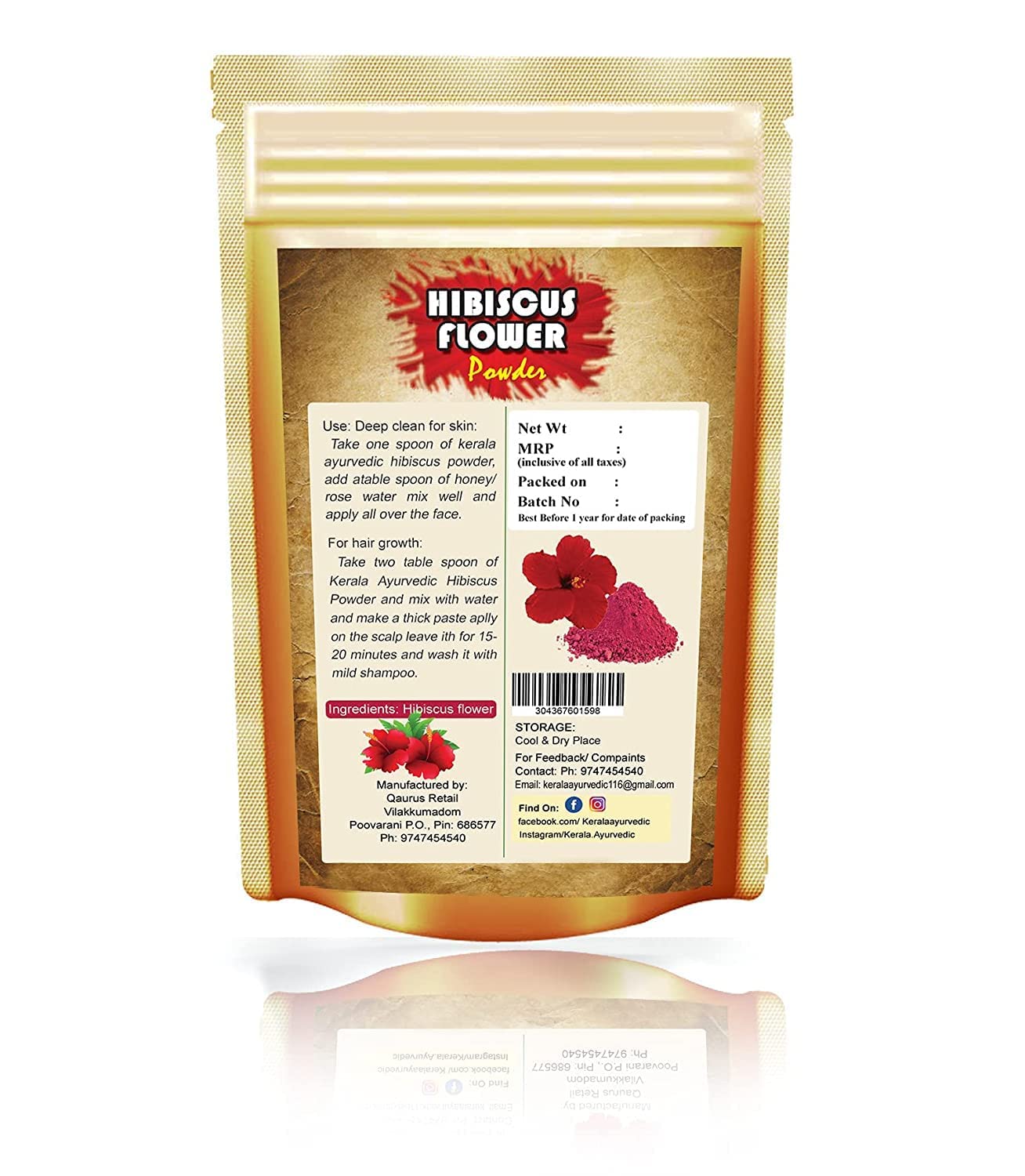 QURA Ayurvedichibiscus kwiat puder do wzrostu włosów i twarzy | 100% naturalny i ziołowy | - 100 gramów (100 g)