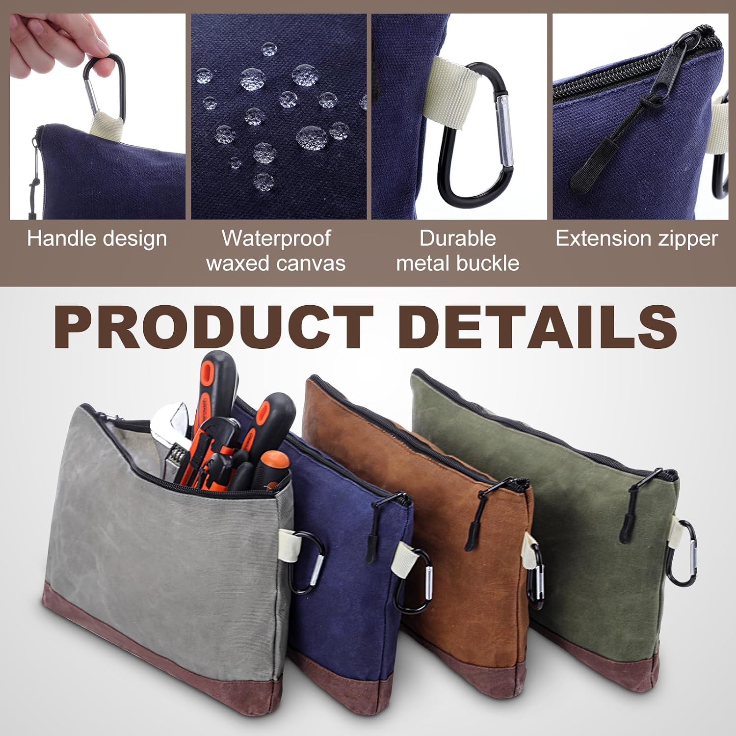 Eccliy 6 Pack Tool Bags Gifts for Man Worker 13 x 7.5 Inch Waxed Canvas Pouch Small Canvas Storage Pouch with Zipper Carabiner Water Resistant Organizer for Tools Gadgets Organizers