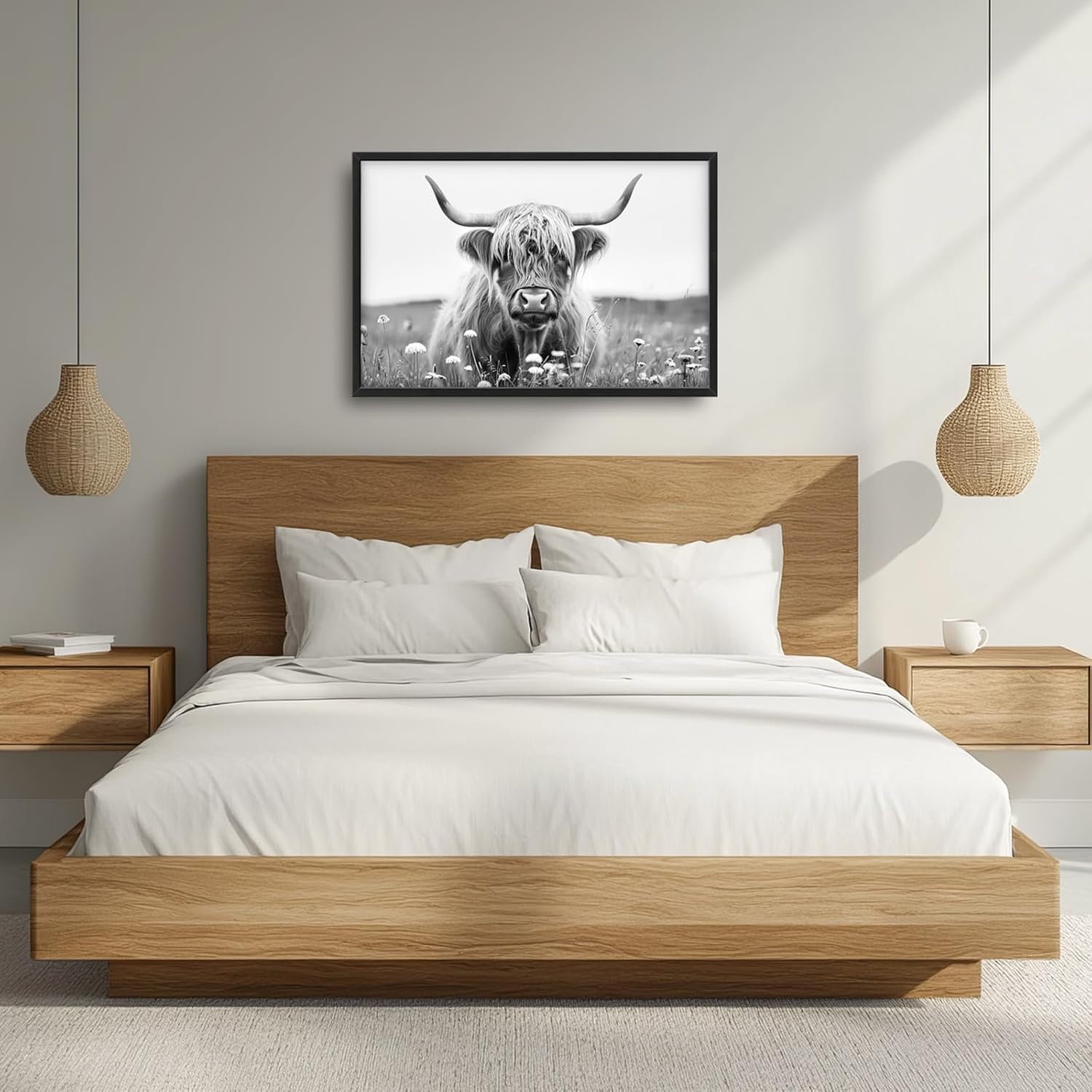 Highland Cow Large Framed Wall Art for Living Room Black and White Cattle Oversize Canvas Prints Western Big Pictures Painting Artwork Home Decor 36"x24"