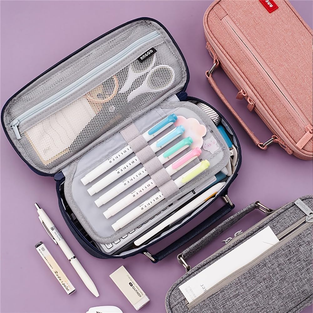 Estojo Escolar Organizador Com 2 Divisórias Zíper Interno e Externo Alça e Compartimento Com Elástico Para Canetas e Lápis Necessaire Multiuso (Preto)