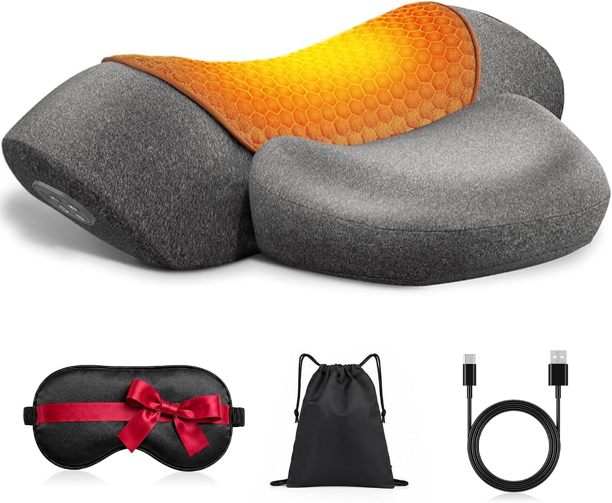 Almohada masajeadora de cuello con calefacción inalámbrica para aliviar el dolor de tejido profundo | Dispositivo De Tracción Cervical De Cuello Recargable 3 En 1 Con Calor, Masaje, Estiramiento Eléctrico, Relajante Ergonómico De Hombros,Grey