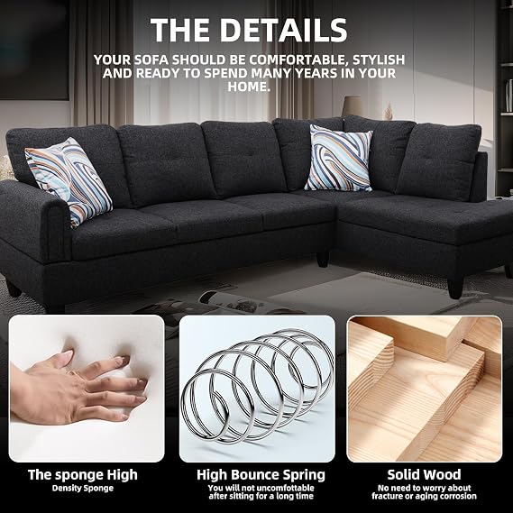 GlasFlength L Shaped Sectional Couch Sofa with Ottoman, Modern Couches for Living Room, Microfiber Facing, Bedroom