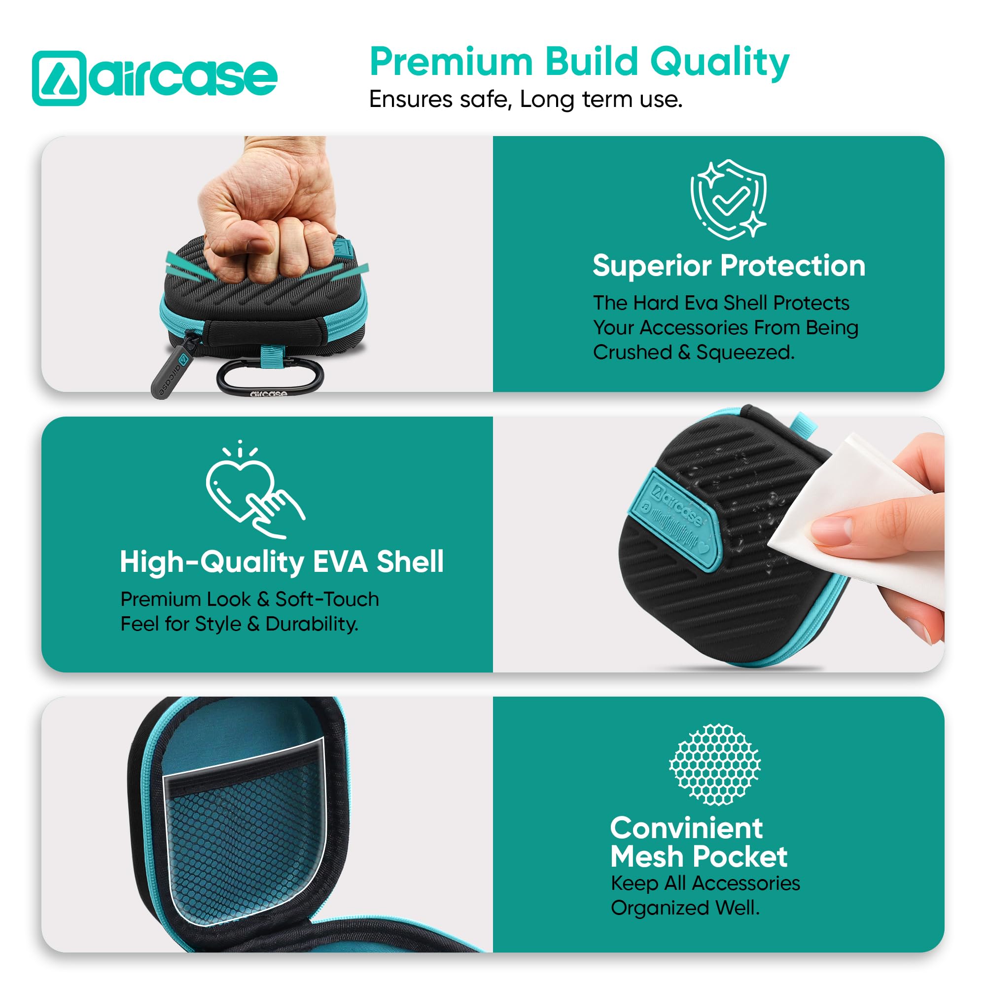AirCase Earphone Carrying Case Cover with Shockproof EVA Hardshell & Soft Lining| Travel Organizer Pouch with Carabiner, Mesh Pocket, Zipper Closure for Earbuds, USB Drives, SD Cards, Cables (Black) 3