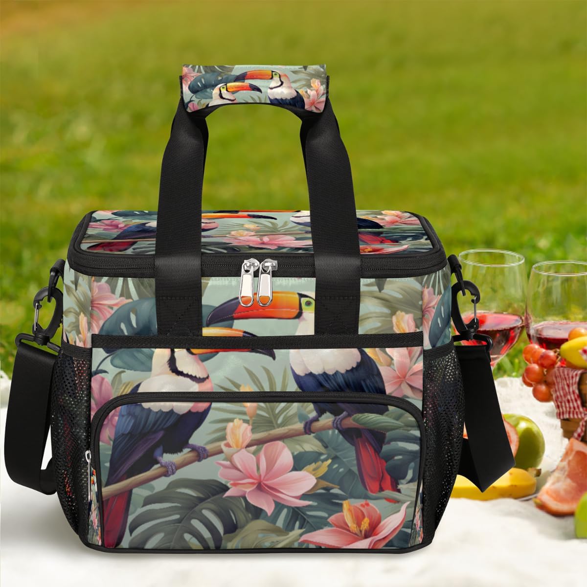 Palm Leaves Insulated Picnic Backpack Lunch Box for Women Men Picnic Basket Tote Lunch Bag Picnic Bag Portable Lunch Bags for Picnic, Beach, Work, Trip,Office, Camp Toucan Flowers