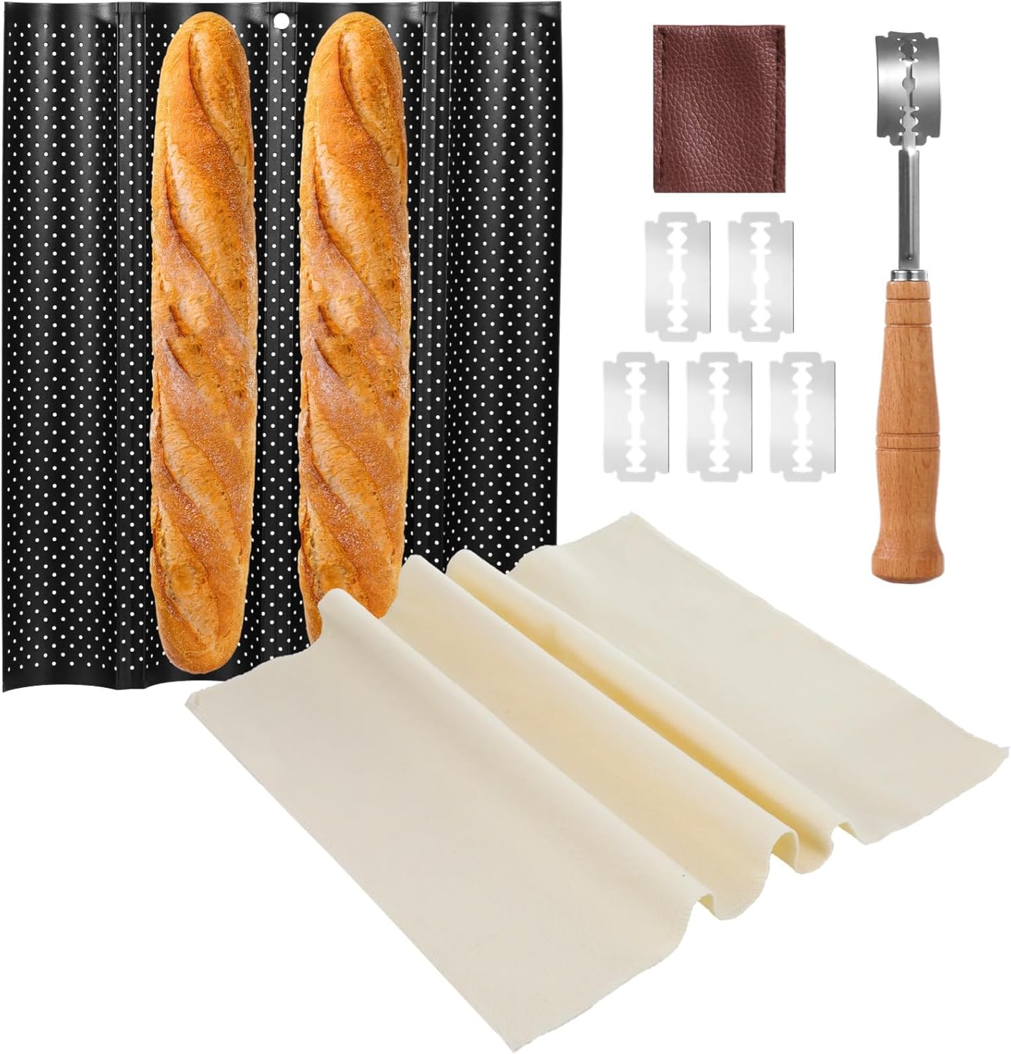 Generic Home Baking Tools Kit, 4-Slot French Pan Set, Bread Lame With Blades, Proofing Cloth, And Perforated Tray And Bread Baking Pan Includes