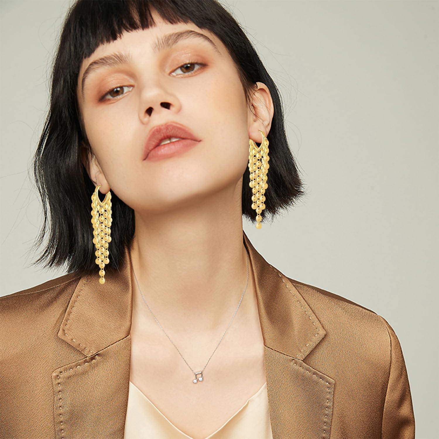 Bohemian Dainty 14K Gold Sequin Tassel Lightweight Dangle Drop Earrings Aesthetic Fringe Sparkly Alloy Huggie Earrings For Women - Image 4