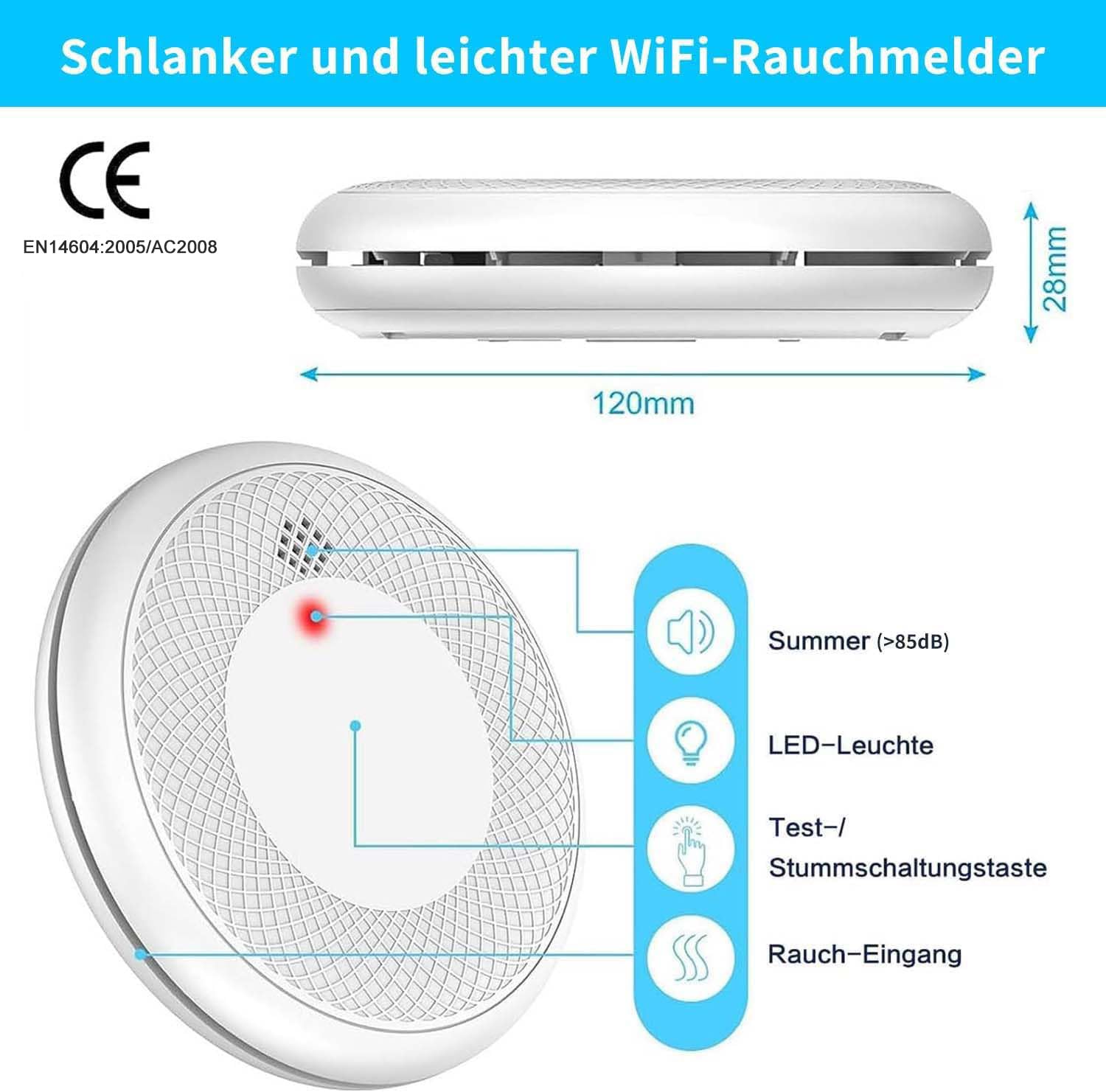 Safeliveo Rauchmelder WLAN 10 Jahre Batterie mit App Benachrichtigung, Stummschaltung und Selbsttest Funktion ，Entspricht DIN EN 14604(Kompatibel mit Tuya/Smart Life APP)-5 Stück