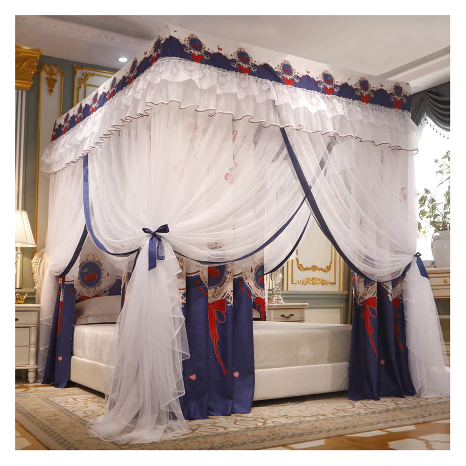 Mosquitera de cama doble capa de 1.5x2m con soporte blanco y cortinas opacas para dormitorio