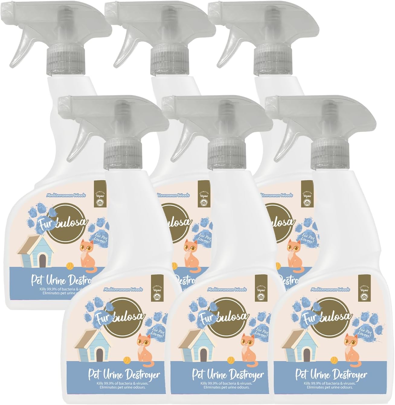 Furbulosa Pet Urine Destroyer, Perfect for Removing Pet Urine Stains and Scents, Odour Remover and Pet Deodorising Spray, 500ml, 6 Pack, Mediterranean Woods