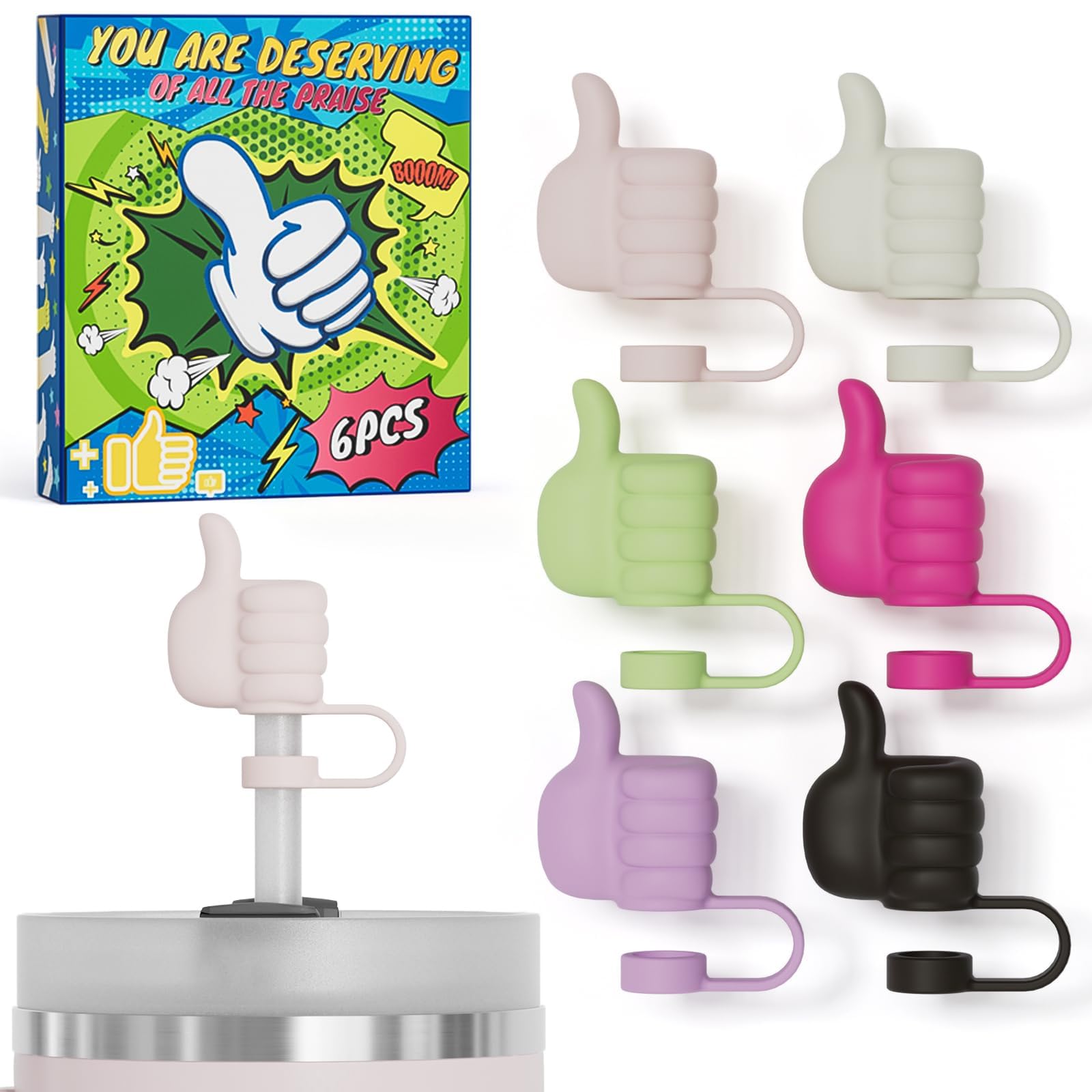 6 Pack Silicone Straw Cover for Stanley Cup 20/30/40oz, Reusable Thumbs Dust-Proof Straw Toppers Cover Cap, Accessories for Water Tumbler, Cool Gifts