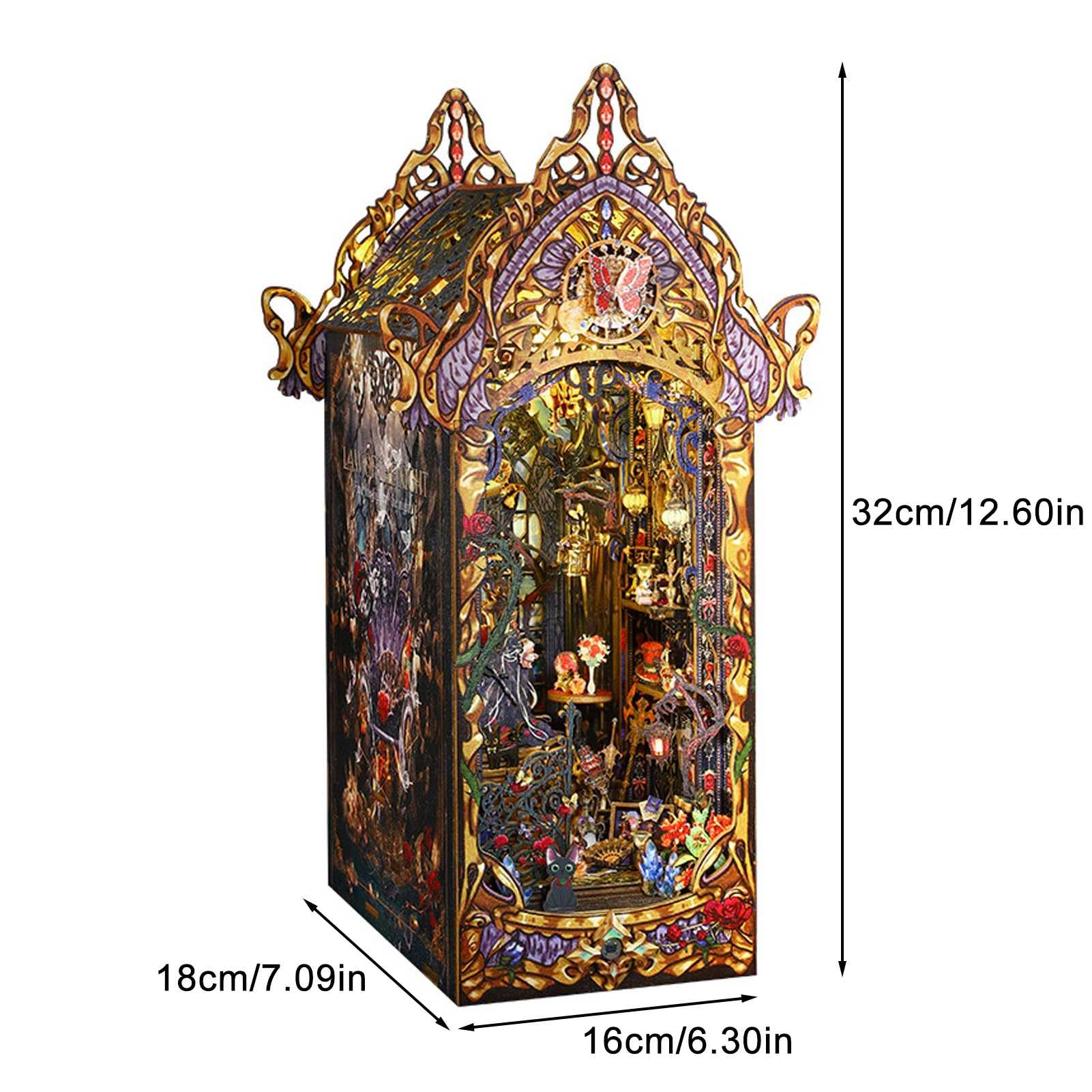 Zestaw edukacyjny DIY drewniane podpórki do domku dla lalek, zestawy do kącików książek ze światłem LED, zestaw modeli do budowania puzzli 3D, miniaturowe rękodzieło zamkowe do dekoracji półek na ksią