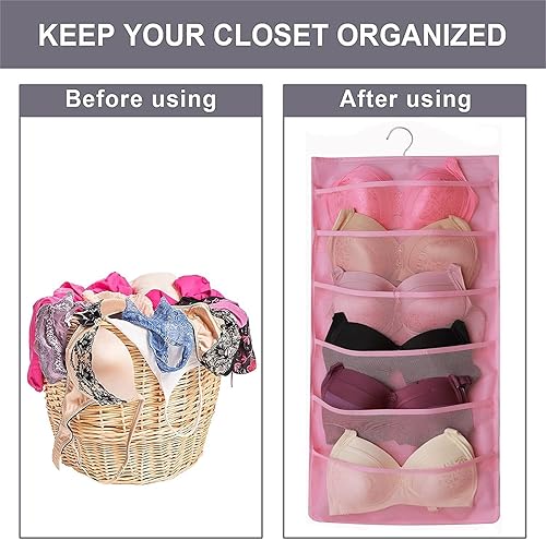 Miniatura 10 de Ymemok Organizador de armario de doble cara con bolsillos de malla para colgar, para ropa interior, brasier, calcetines, accesorios con percha,