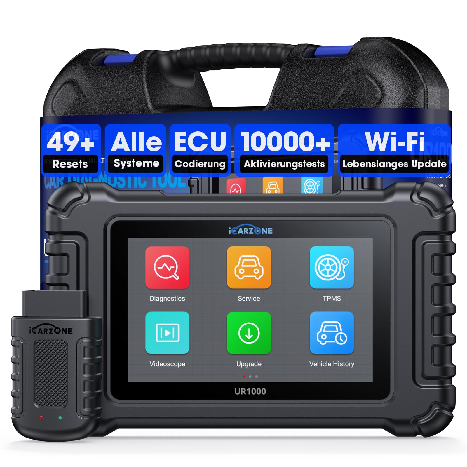 UR1000 OBD2 Diagnosegerät Bluetooth, Auslesegerät Auto mit Alle Systemdiagnosen, 50 Resets KFZ Diagnosegerät, 10000+ Aktivierungstests, ECU-Kodierung, TPMS-Program, CANFD, Online-Updates
