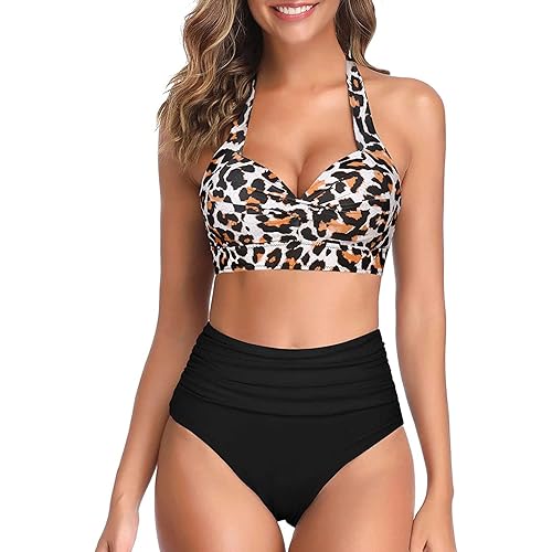 Tempt Me Women Two Piece Vintage Swimsuit Retro Halter Ruched High Waist Bikini with Bottom