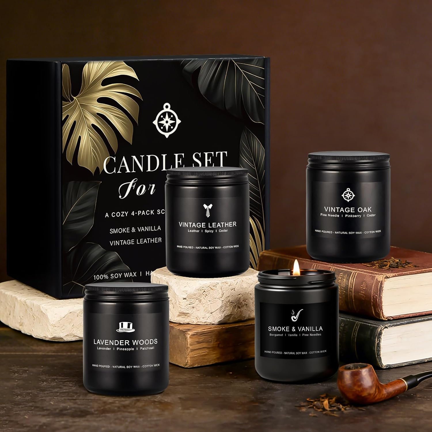 Scented Candles for Men Gift Set, Masculine Soy Candle Set with Leather, Smoke & Oak Scents – 4 Pack Manly Aromatherapy Candles for Home, Office & Relaxation Gifts for Him - Image 3