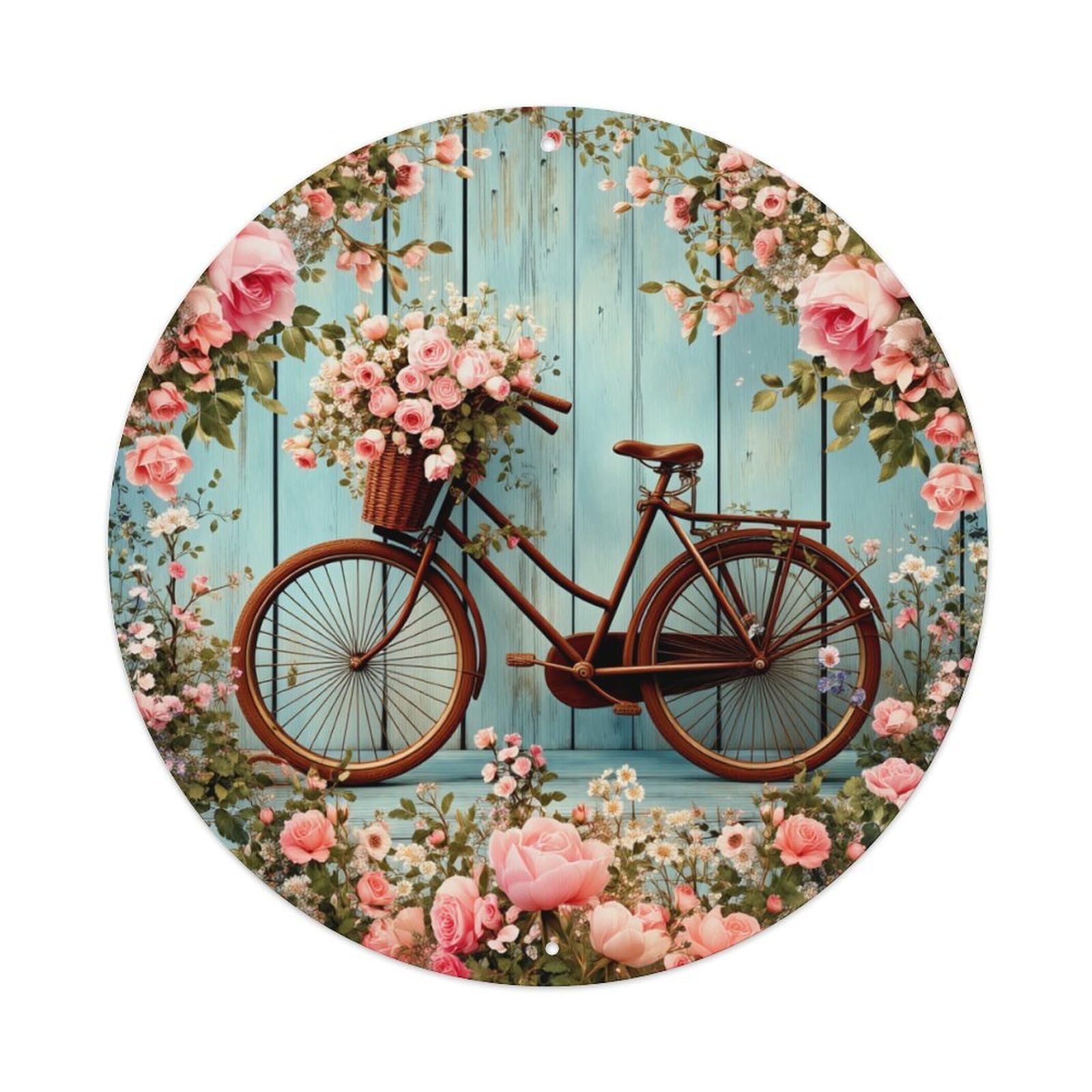 Floral Bicycle Vintage Roses Garden Round Tin Sign Vintage Metal Poster, Home Bar Garage Man Cave Cafe Indoor & Outdoor Wall Decoration 8x8Inches