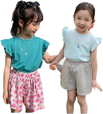 2 Pack Design Cute Baby Toddler Girl Flutter Sleeves T-Shirt Crewneck Fun Color Tank Basic Cotton Tops 18M to 7Y