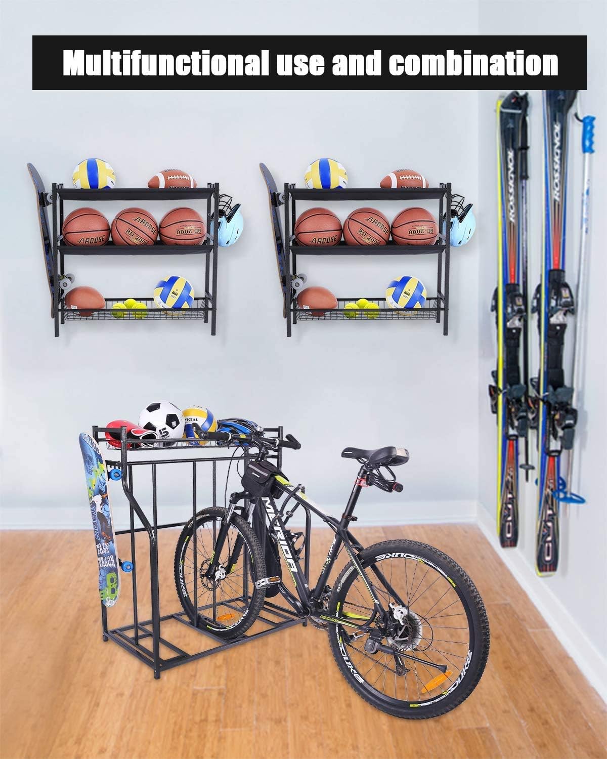 Mythinglogic Garage Sports Equipment Organizer, Sports Gear Storage for Kids, Wall Mount Garage Organizer and Storage with Hooks, Black Steel Garage Ball Storage,Basketball Rack : Sports & Outdoors
