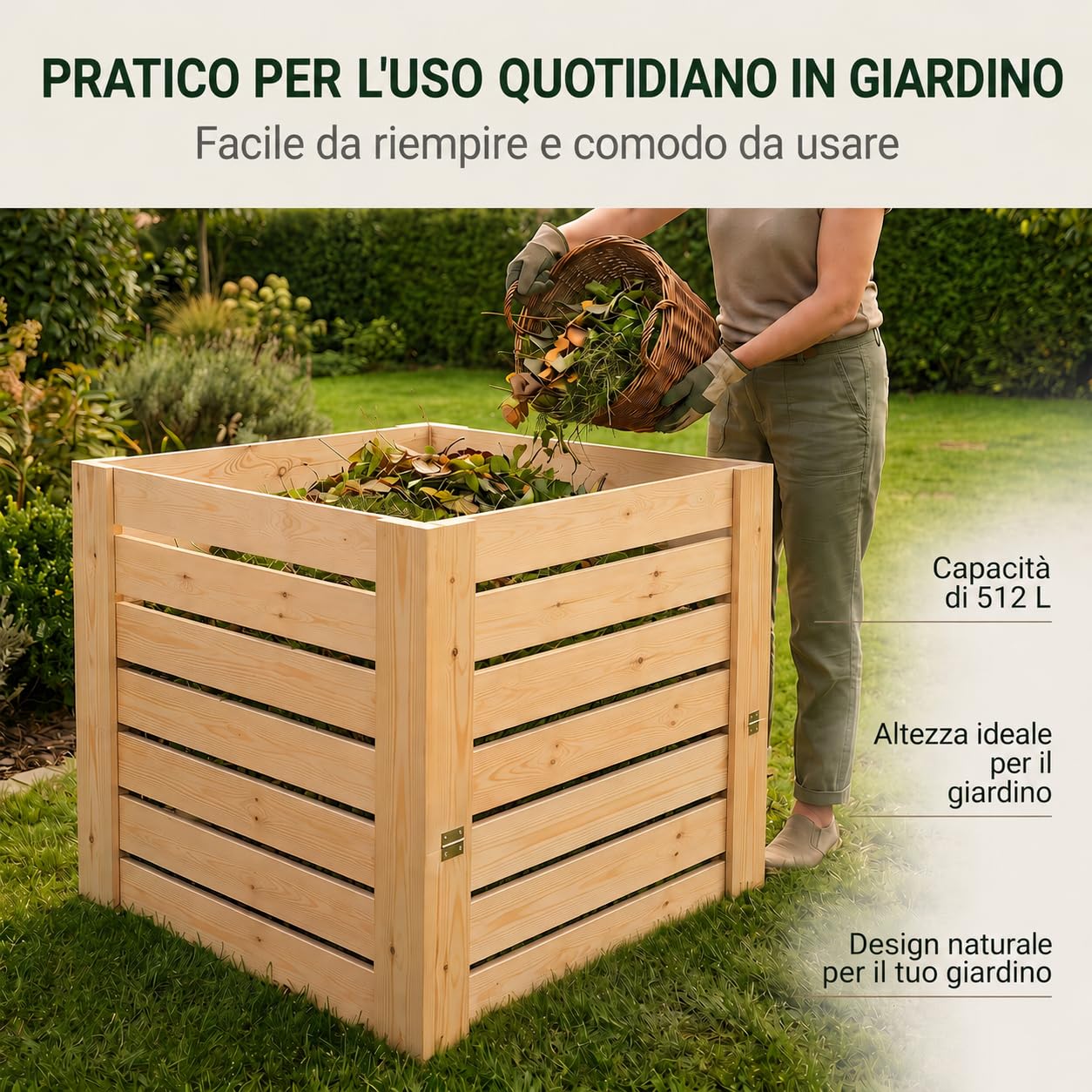 VELORA H&L Compostiera 512 L - Compostiera da Giardino in Legno Naturale con Sportello Inferiore, Compostiera per Scarti Vegetali e Organici