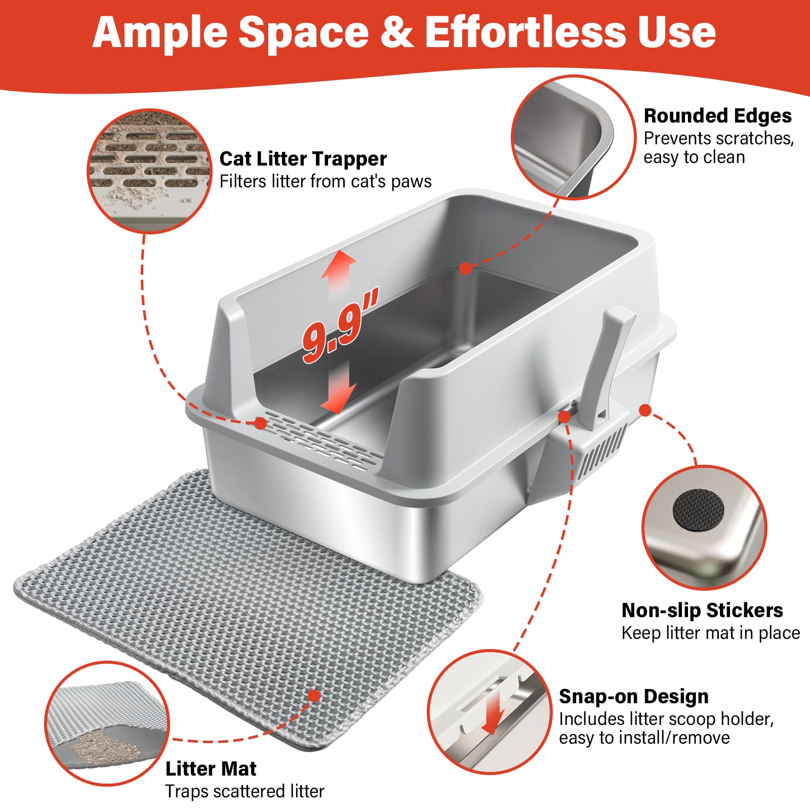 2PACK Stainless Steel Litter Box, Metal Litter Box with High Sides Lid, XL Large Cat Litter Boxes for Big Cats, Never Absorbs Odors, Anti-Urine Leakage, Easy Cleaning, Non-Stick, Include Scoop and Mat - image 3