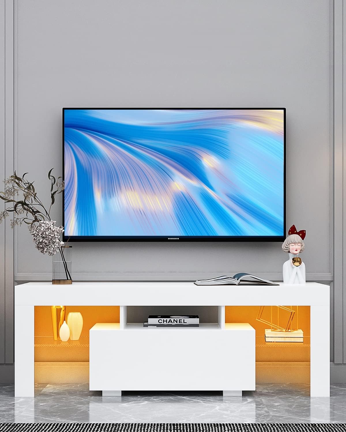 BAMACAR LED TV Stands - 60/55/50 Inch TV Tables for Bedroom & Living Room - White