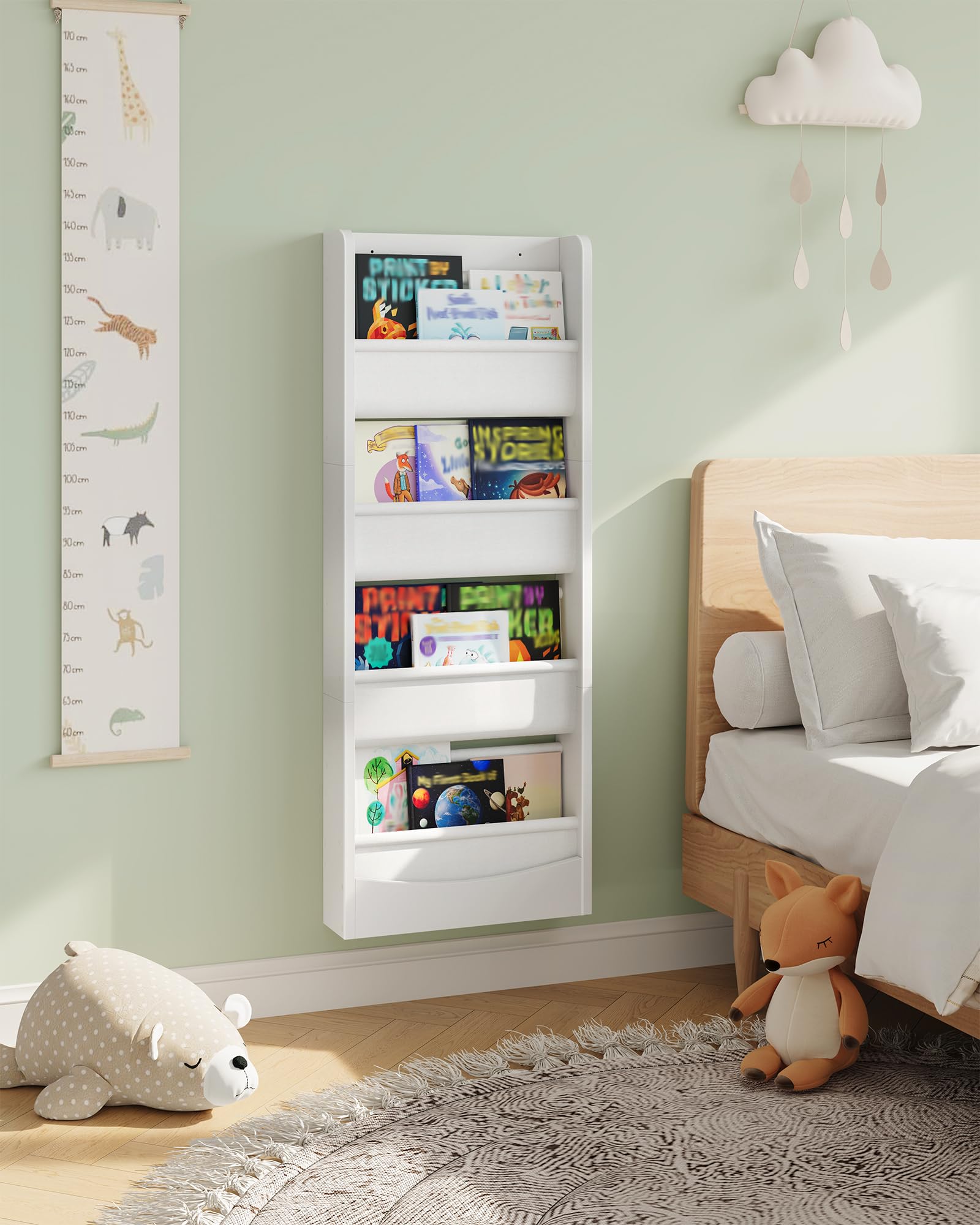 CHOEZON Librería Infantil de Pared, Estantería Libros de Tela de 4 Niveles, Biblioteca Compacta, para Habitación Infantil, Aula, detrás de Puertas, para Libros y Juguetes, Blanco DMCW40WB
