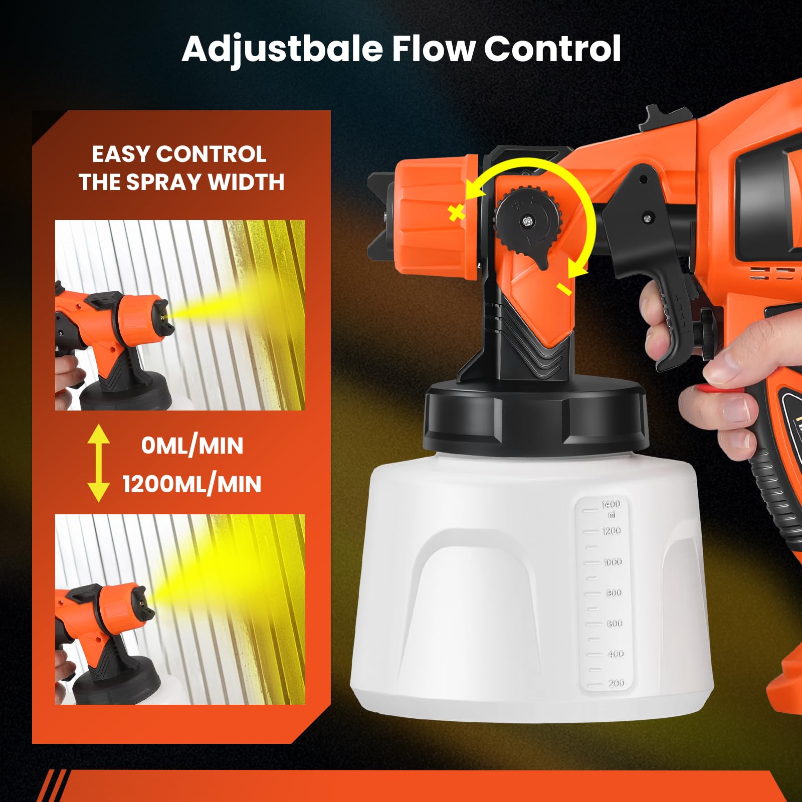 Huanyu Spruzzatore elettrico 850W Pistola per verniciatura a spruzzo elettrica con contenitore da 1400ml Pistola a spruzzo potente con 5 ugelli Pistola a spruzzo regolabile (Arancione)