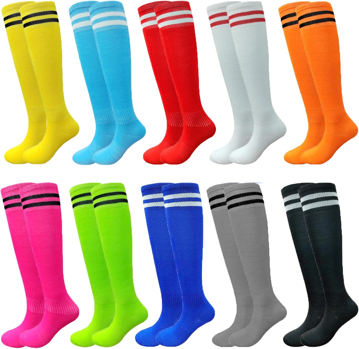 Tergy 10 Pairs Kids Soccer Socks Stretchy Knee High Tube Colorful Football Athletic Team Socks for Boys Girls
