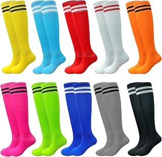 Tergy 10 Pairs Kids Soccer Socks - Stretchy Colorful Knee High Tube Socks for Boys Girls Football Teams