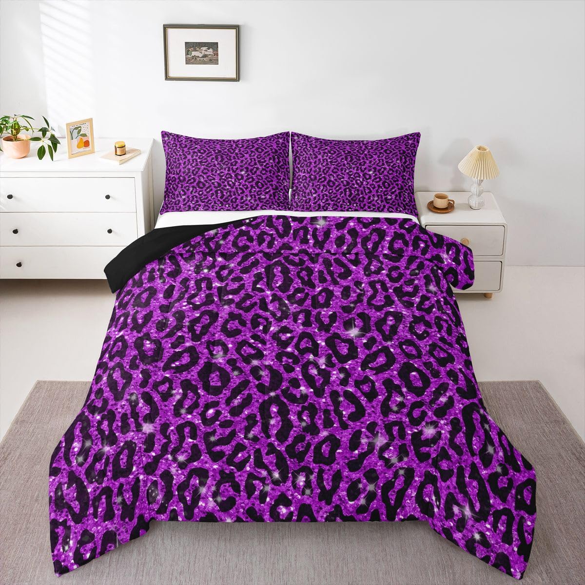 jejeloiu Leopard Bedding Set Soft for Boys Girls, Glitter Comforter Set Queen Size Cheetah Duvet Quilt Microfiber Cow Fur Bedroom Decor 3 Pcs with 2 Pillow Cases