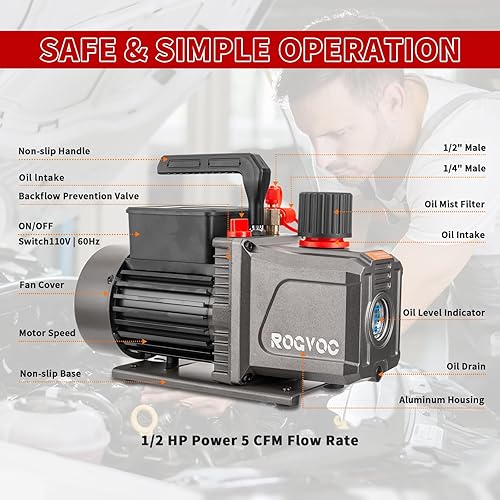 Miniatura 7 de Bomba de vacío de 5 CFM, bomba de vacío de aire de paleta giratoria de una sola etapa de 110 V 12 HP para HVACAUTO, recarga de refrigerante de CA,