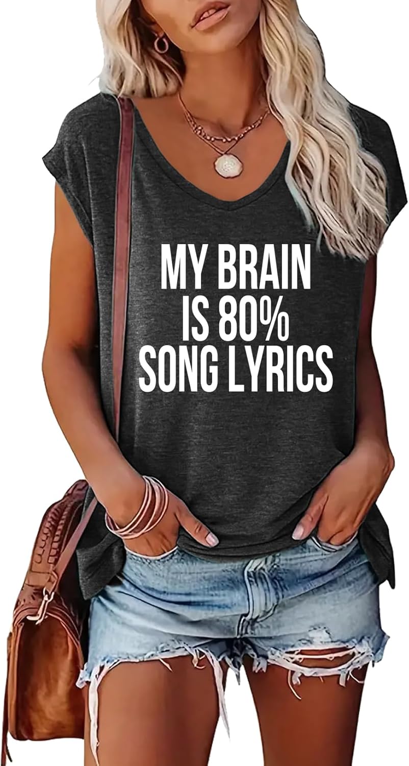 BLACKOO Women's V-Neck Graphic Tees My Brain Print Tops