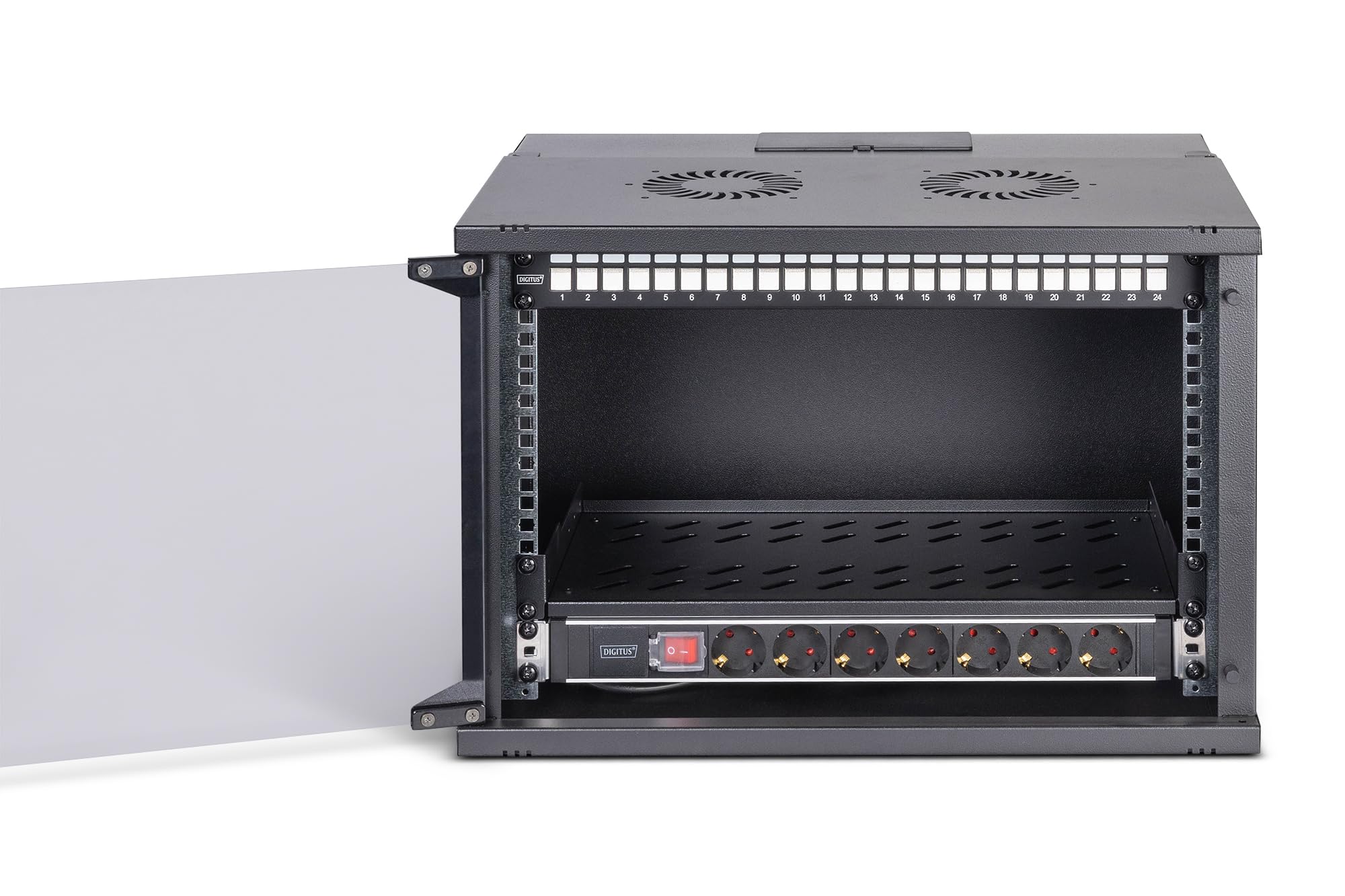 DIGITUS 19 Zoll Netzwerk-Set – 7HE – unmontiert – SOHO PRO – Schwarz | Netzwerkschrank – Steckdosenleiste – 1HE Fachboden – 24-Port Patch Panel – 24 Keystone Module – 30 Patchkabel