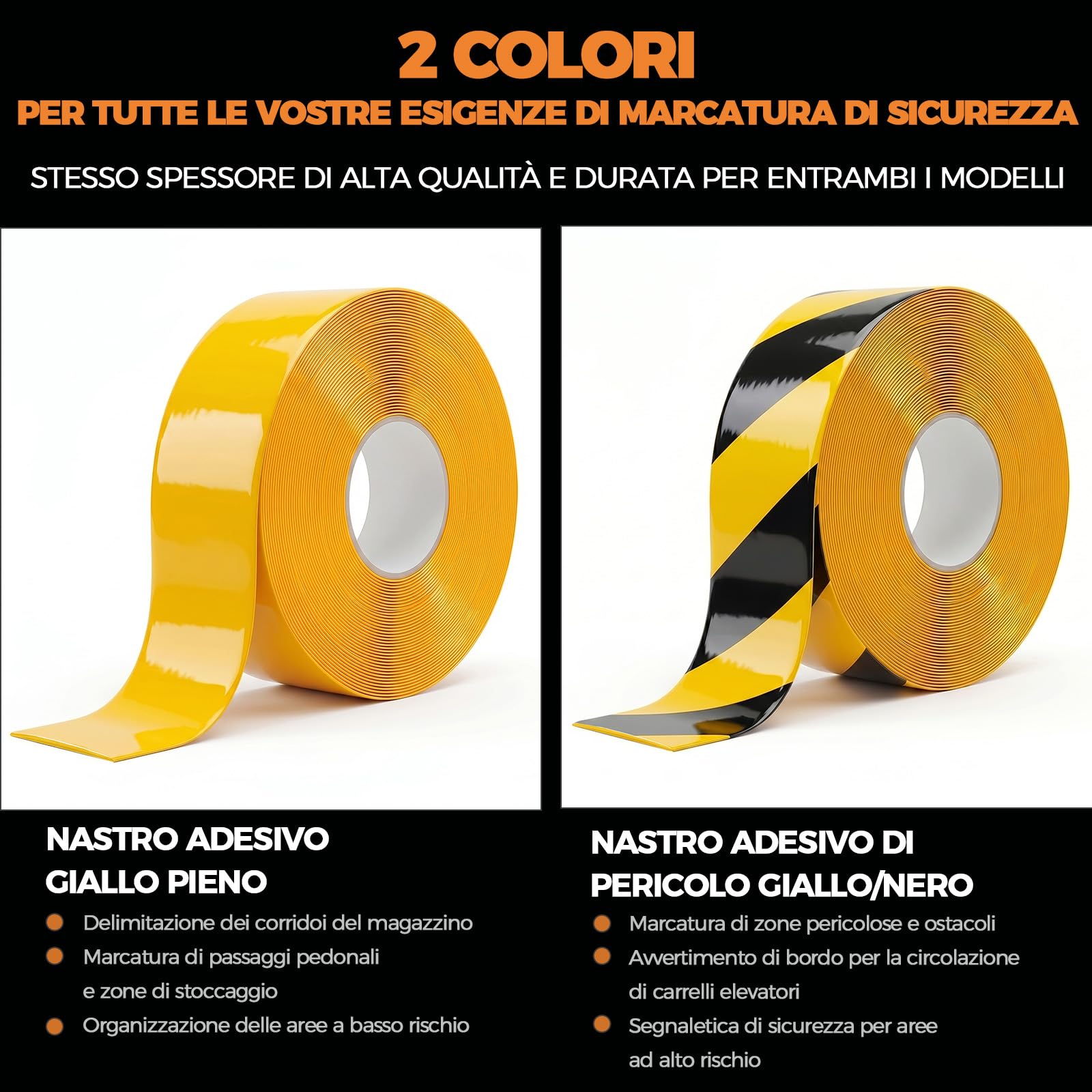 Nastro Segnaletico da Pavimento Extra Spesso 1,1 mm, 50 mm x 30 m, Alta Adesione, Nero/Giallo, Antiusura per Magazzino, Officina e Industria