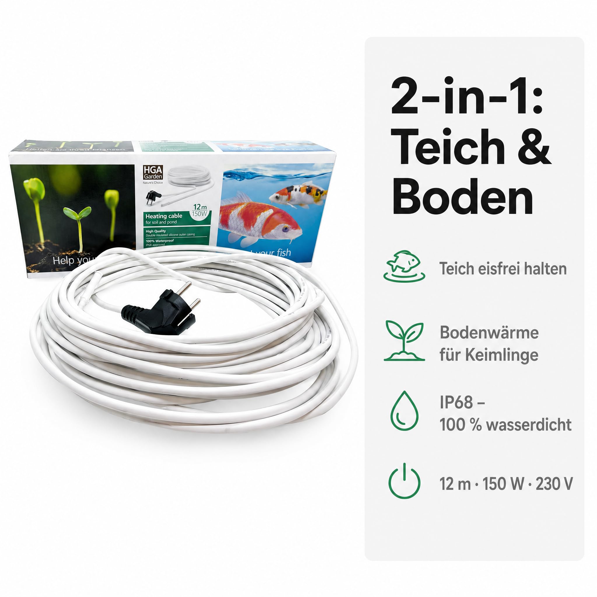 Pondlife Heizkabel 12 m, Teichheizung mit 150 W, IP68 wasserdicht, doppelte Silikon-Isolierung, Eisfreihalter für Gartenteich und Bodenwärme im Gewächshaus, Schuko-Stecker