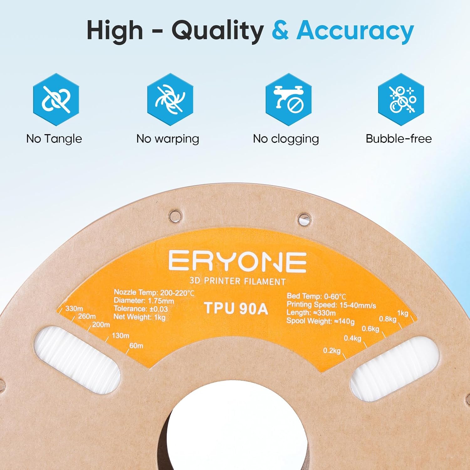 ERYONE TPU Filament 1.75mm +/-0.03mm, Flexible TPU 90A 3D Printer Filament 1kg Spool(2.2 lbs), Print with Most FDM 3D Printers, White