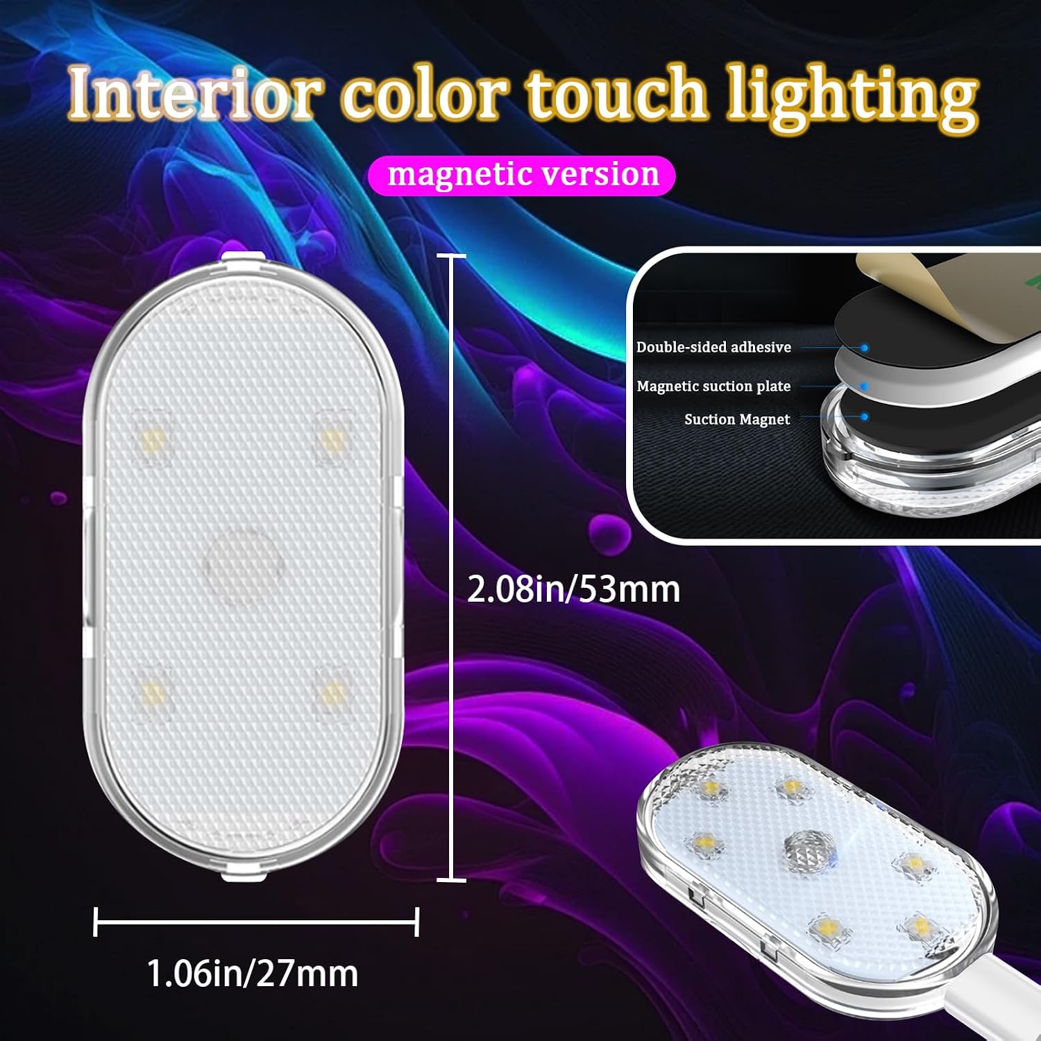 4 PCS Car LED Lights for Car Interior, 7 Colors Magnetic USB Wireless LED Lights with Bright LED Lamp Beads, Portable Touch Rechargeable LED Interior Auto Lights for Car Decor