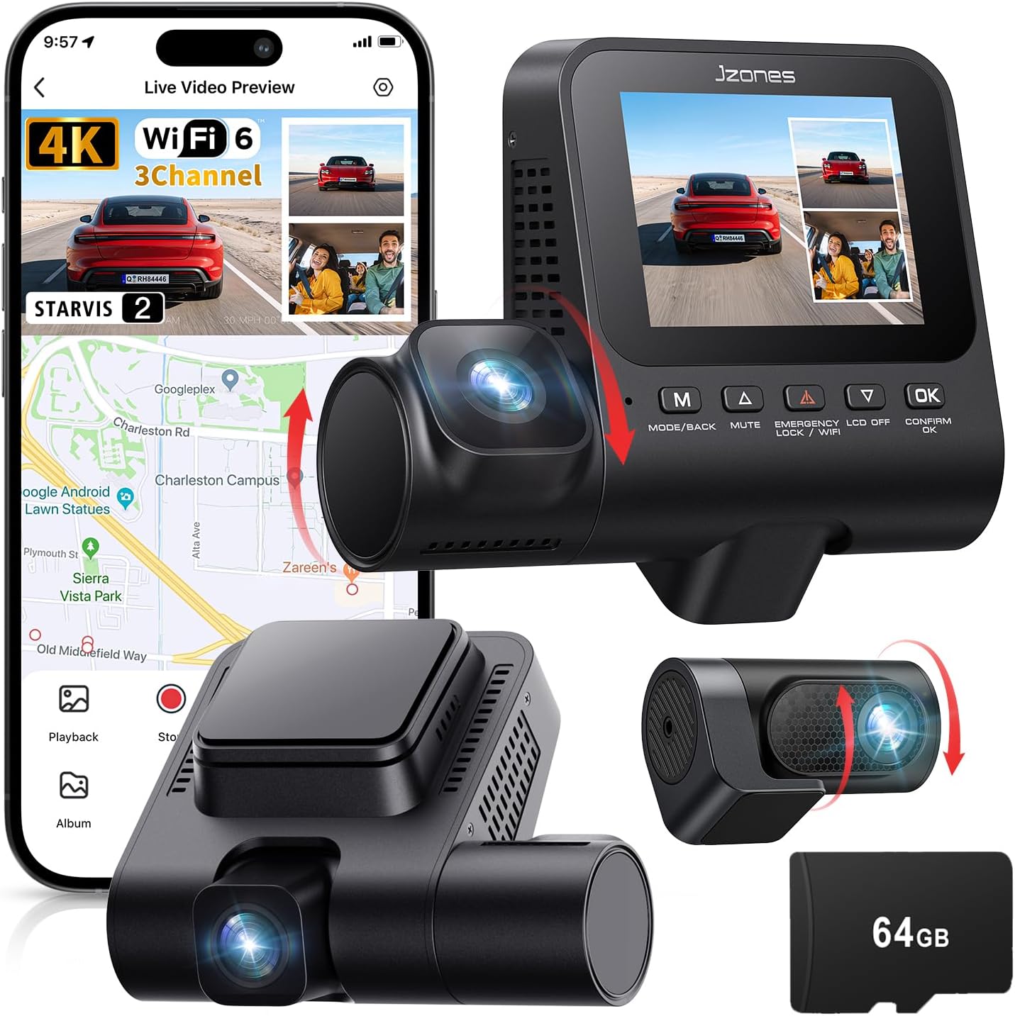 Sistema de 3 cámaras para coche Jzones Dash Cam 4K con visión nocturna, WiFi 6 y GPS por 68,39€ usando el #código: CUWQQCON