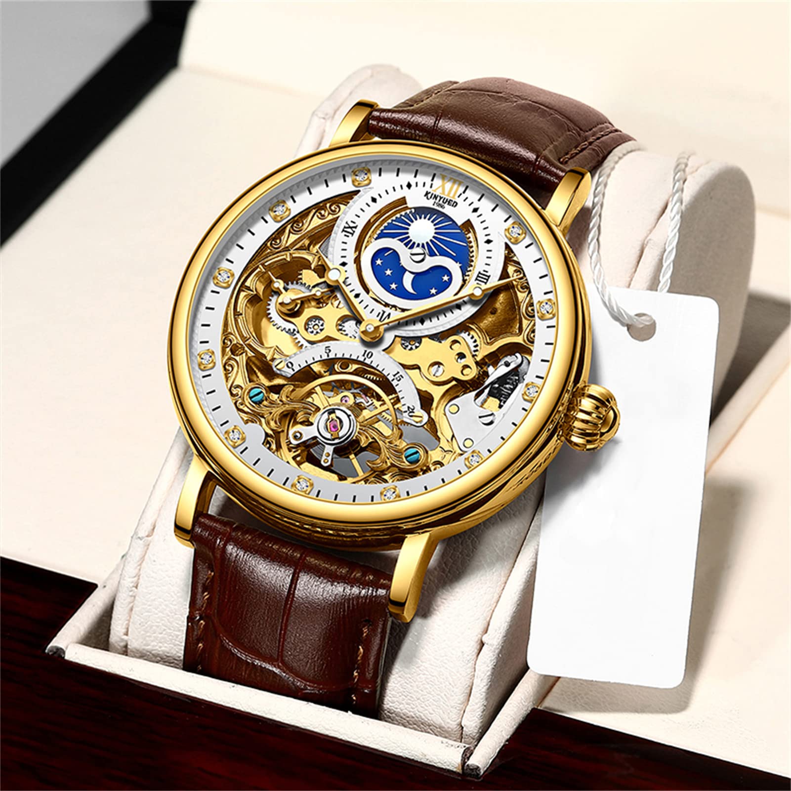 FORSINING Herren-Armbanduhr Tourbillon Mondphase, automatische Armbanduhr, modisch, Business, luxuriös, Skelett, Herrenuhr, zweifache Zeitanzeige, selbstaufziehendes Lederband, Goldbraun, Armband