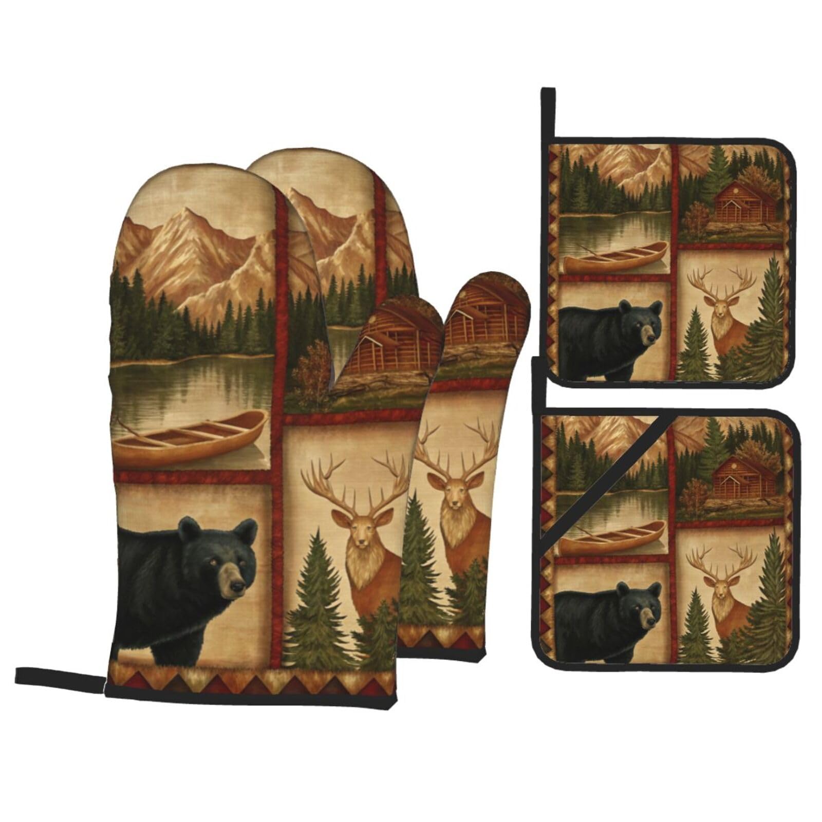Lodge Style Northwoods Ofenhandschuhe und Topflappen, Set mit 4 hitzebeständigen, rutschfesten Ofenhandschuhen, Hot Pads für Küche, Kochen, Backen, Grillen, BBQ