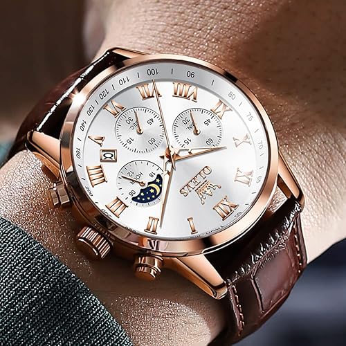 Miniatura 10 de OLEVS Relojes de cuero para hombre vestido de negocios analógico de cuarzo relojes de lujo para hombres fase lunar fecha cronógrafo luminoso 3ATM