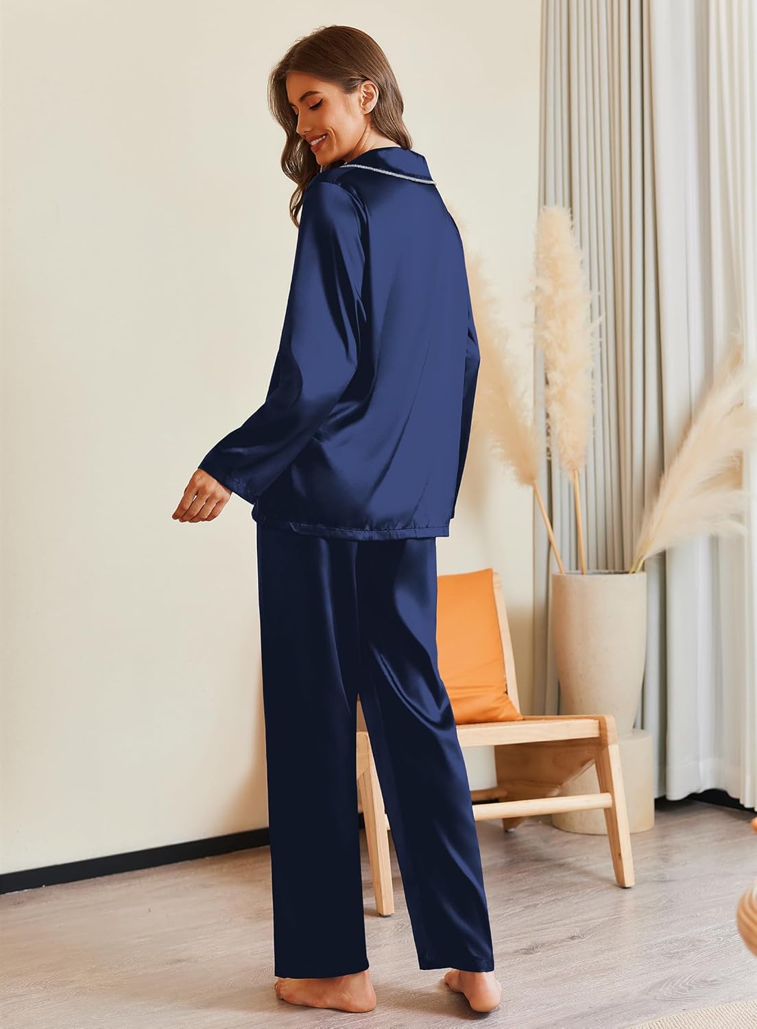 Ekouaer Pajamas For Women Set Silk Pjs 2 Piece Satin Sleepwear Long Sleeve Button Down Lounge Sets With Pant - Image 2