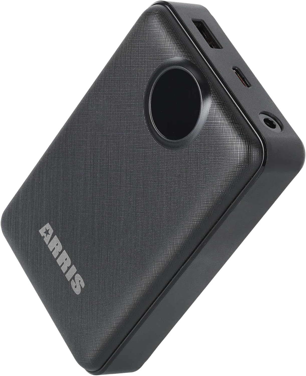 Angled view of the ARRIS 12V Battery Pack, highlighting the various input and output ports on one side.