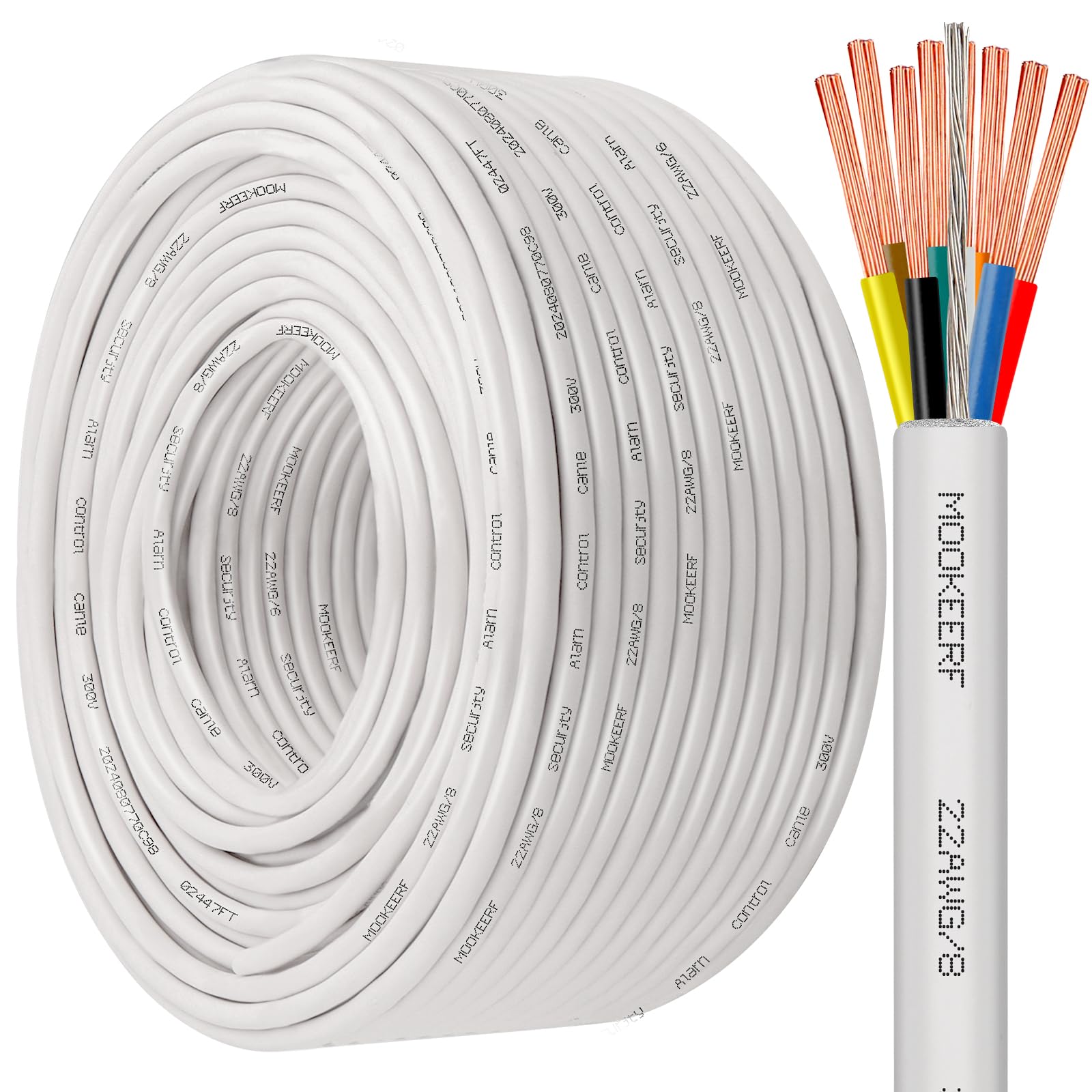 MOOKEERF 22 Gauge 8 Conductor Shielded Wire 200FT 22/8 22AWG Stranded Shielded Plenum Cable White CL3P Jacket for Security/Alarm/Access Control/Sound